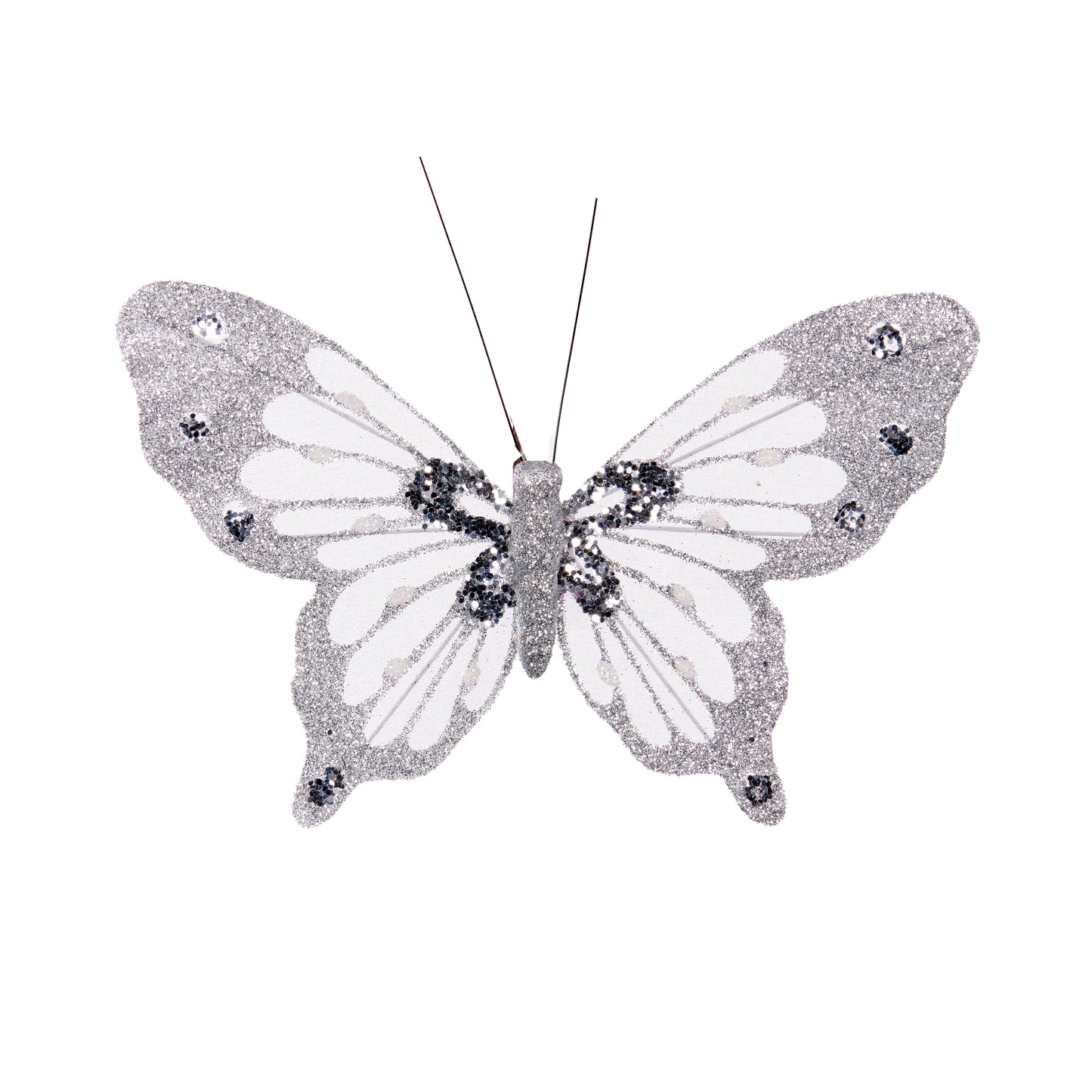 SET/6 SILVER GLITTER CLIP BUTTERFLIES